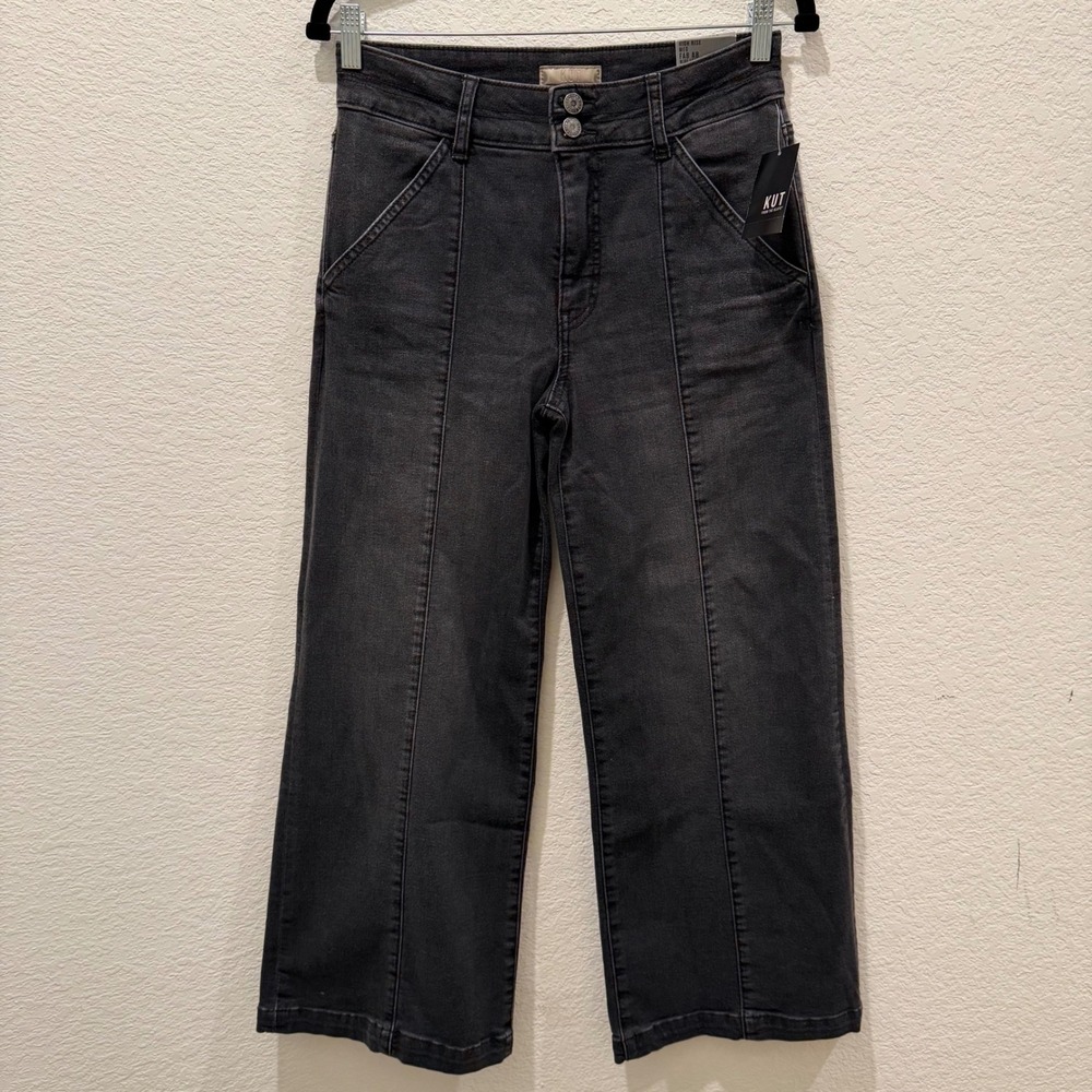 Kut from the Kloth Meg Fab Ab High Rise Wide Leg Jeans Black Size 2 NEW